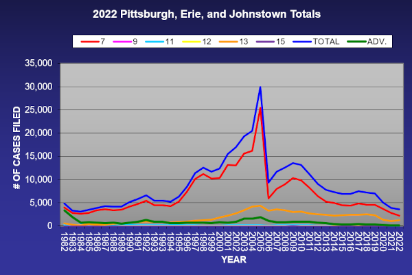 line graph of annual case filing statistics